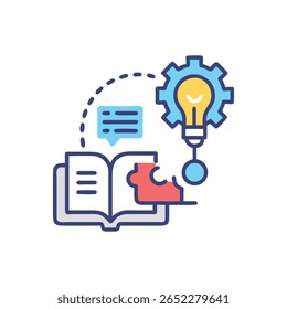 Flat design showing open book, speech bubble, and lightbulb gear, representing learning process.