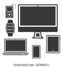 Flat Design Silhouette Devices. PC, tablet, mobile, watch, smartphone, portable music player Isolated on white background. Vector illustration