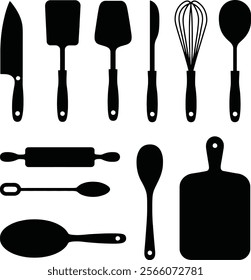 Flat Design Silhouette Icons of Kitchen Tools Bundle