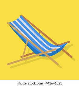 Flat design simple blue white stripes summer beach sunbed lounger chair wood isolated on yellow. Vector illustration