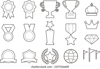 Flat design simple ranking line icons set. Vector material that can be changed to any color you like. Illustrations of medals, rosettes, crowns, laurel wreaths, etc.
