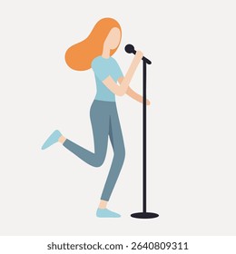 Flat Design Singing Woman Holding Microphone Performing on Stage Icon