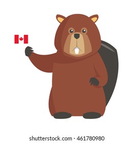 Flat Design Single Beaver With Canadian Flag Icon Vector Illustration