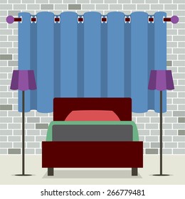 Flat Design Single Bed With Lamps Vector Illustration