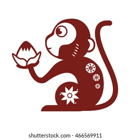 flat design single monkey holding lotus flowericon vector illustration