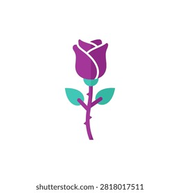 Flat design single purple rose bud centered against a stark white backdrop. Ideal for floral motifs and romantic themes in marketing.