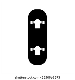 Diseño plano de un monopatín con una cubierta rectangular con extremos curvos y cuatro ruedas visibles. Perfecto para temas relacionados con deportes, actividades juveniles o cultura callejera.