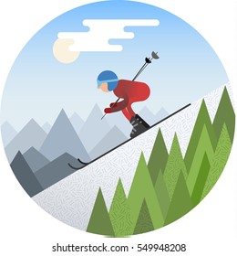 Esquiador de diseño plano deslizándose desde la colina nevada en la ilustración vectorial de invierno.