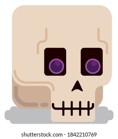 Flat design with skull with purple eyes and smile, isolated over white background.