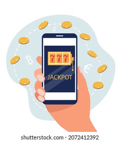 Flat design of slot machine with lucky sevens jackpot. Hand holds smartphone with jackpot. Gold coins and money symbols. Vector illustration.