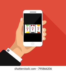 Flat design of slot machine with lucky sevens jackpot. Hand holds smartphone with jackpot. Vector illustration. Isolated