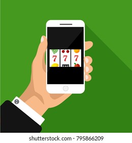 Flat design of slot machine with lucky sevens jackpot. Hand holds smartphone with jackpot. Vector illustration. Isolated