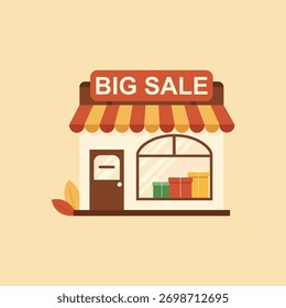 A flat design of a small store with a “BIG SALE” sign, striped awning, and display window of gift boxes, suggesting seasonal promotions or retail discounts.