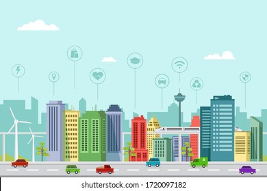 Flat Design Of Smart City Buildings In A Modern Future With Graphic Info Elements