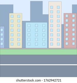 Flat design of smart city buildings in a modern future with graphic info elements. Urban landscape with large modern buildings. Concept city.