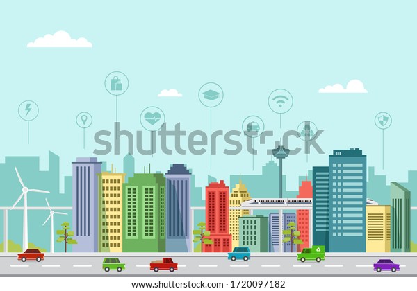 Flat design of smart city buildings in a modern\
future with graphic info\
elements