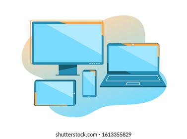 Flat Design Of Smart Device. Laptop, Monitor, Smartphone, Tablet, All In One Spot Illustration. Vector Simple Design.