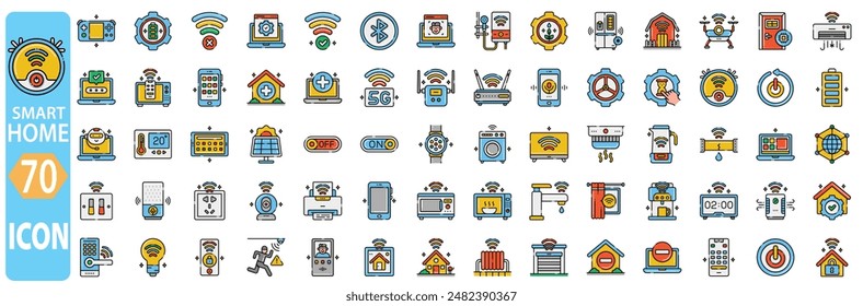 Flat design smart home automation icons depicting security, lighting, heating, and connectivity features for modern home management
