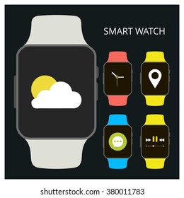 flat design smart watch icon with weather forecast, Time, Location, music app and chat icon style / smart watch in flat design vector weather
