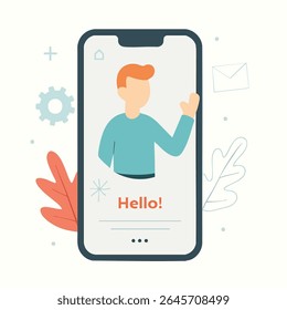 Flat Design Smartphone Application Interface with Man Character Waving Hand