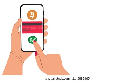 Flachbild-Design mit Smartphone und Bitcoin. Konzept des Online-Shopping mit Kryptowährung.