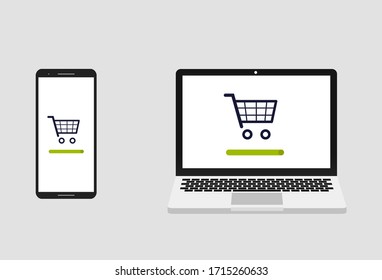 Flat design of smartphone computer with shopping cart icon, to increase sales