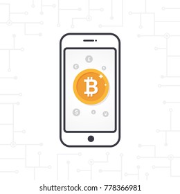 Flat design smartphone and gold bitcoin coin. Vector illustration in line flat style and sign of other currencies. Cryptocurrency technology