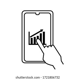 The flat design of smartphones while using the app for investment market with statistic graph showing.black and white color isolated on white background.future technology.