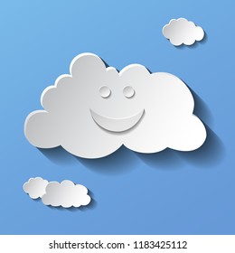 Flat design smiling cartoon clouds isolated on blue background. Vector illustration.