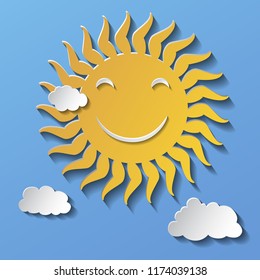 Flat design smiling cartoon sun isolated on blue background. Vector illustration.