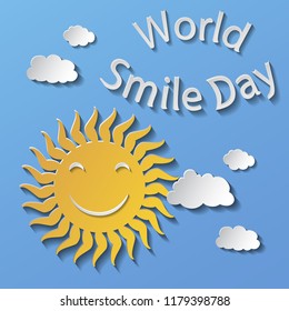 Flat design smiling cartoon sun isolated on blue background. Vector illustration.