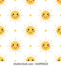Flat design smiling cartoon sun seamless pattern background.
