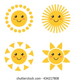 Flat design smiling cartoon sun set, collection isolated on white background. Vector illustration.
