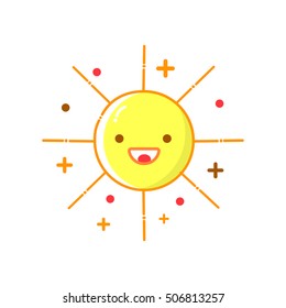 Flat design smiling cartoon sun isolated on white background. Vector illustration. Line icon