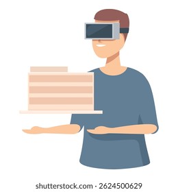 Flat design of a smiling male with vr glasses interacting with a floating 3d bar chart hologram