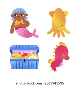 Flat design smiling Mermaid girl and sea turtle vector clipart