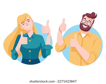 Flat design Smiling people showing ok sign with hands. Happy a woman demonstrate approval gesture. vector