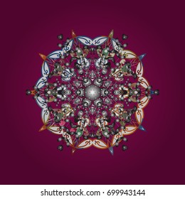 Flat design of snowflakes isolated on colorful background. Snowflakes pattern. Vector illustration. Snowflake ornamental pattern. Snowflakes background.