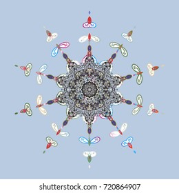 Flat design of snowflakes isolated on colorful background. Vector illustration. Snowflake ornamental pattern. Snowflakes pattern. Snowflakes background.