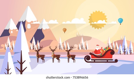 Flat Design of Snowy Landscape in Sunset, with Santa Claus on Sling