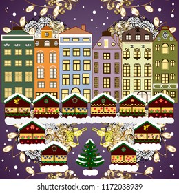 Flat design. Snowy street. Christmas card Happy Holidays banner. Urban winter landscape. Vector illustration.