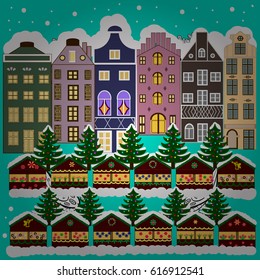 Flat design. Snowy street. Urban winter landscape. Christmas card Happy Holidays banner. Vector illustration.