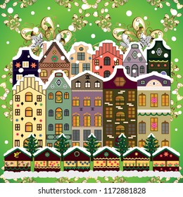 Flat design. Snowy street. Vector illustration. Urban winter landscape. Christmas card Happy Holidays banner.