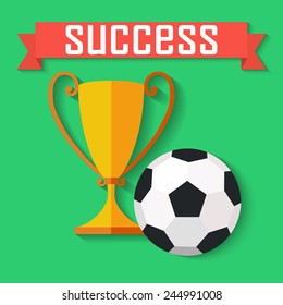 Flat Design Of Soccer Ball  And Gold Winner Cup