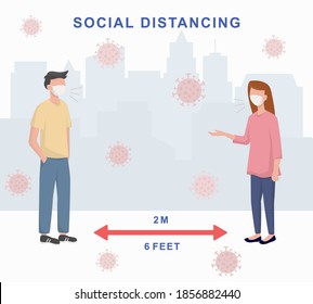Flat design of social distancing between man and women to prevent the spread of COVID-19. Background in a city with coronavirus illustrations.