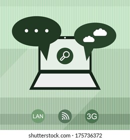 Flat design social media illustration laptop with speech bubbles and icons green lined style background art