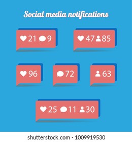 Flat design social media notifications. Chat message, like, follower, heart icon. Vector illustration. Isolated