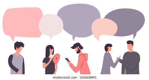 Flat design social network communication vector concept illustration of group of people chatting with speech bubbles. Template for web design, banner, mobile app, landing page and infographics.