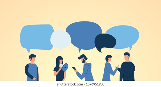 Flat design social network communication vector concept illustration of group of people chatting with speech bubbles. Template for web design, banner, mobile app, landing page and infographics.