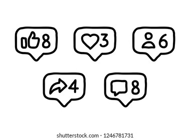 Flat design social network rating hand drawn icons: thumbs up icon, heart symbol, repost and new follower set. 
